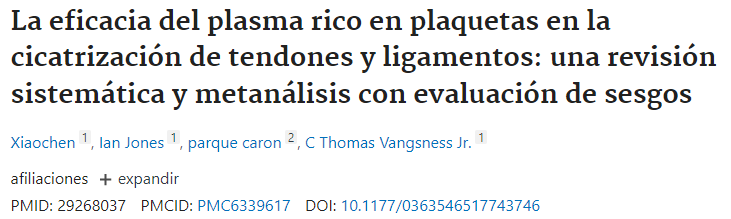 La eficacia del plasma rico en plaquetas en la cicatrización de tendones y ligamentos: una revisión sistemática y metanálisis con evaluación de sesgos